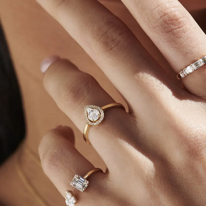 14K Solid Gold Pear Shape Diamond 0.30 Carat Illusion Setting Engagement Ring