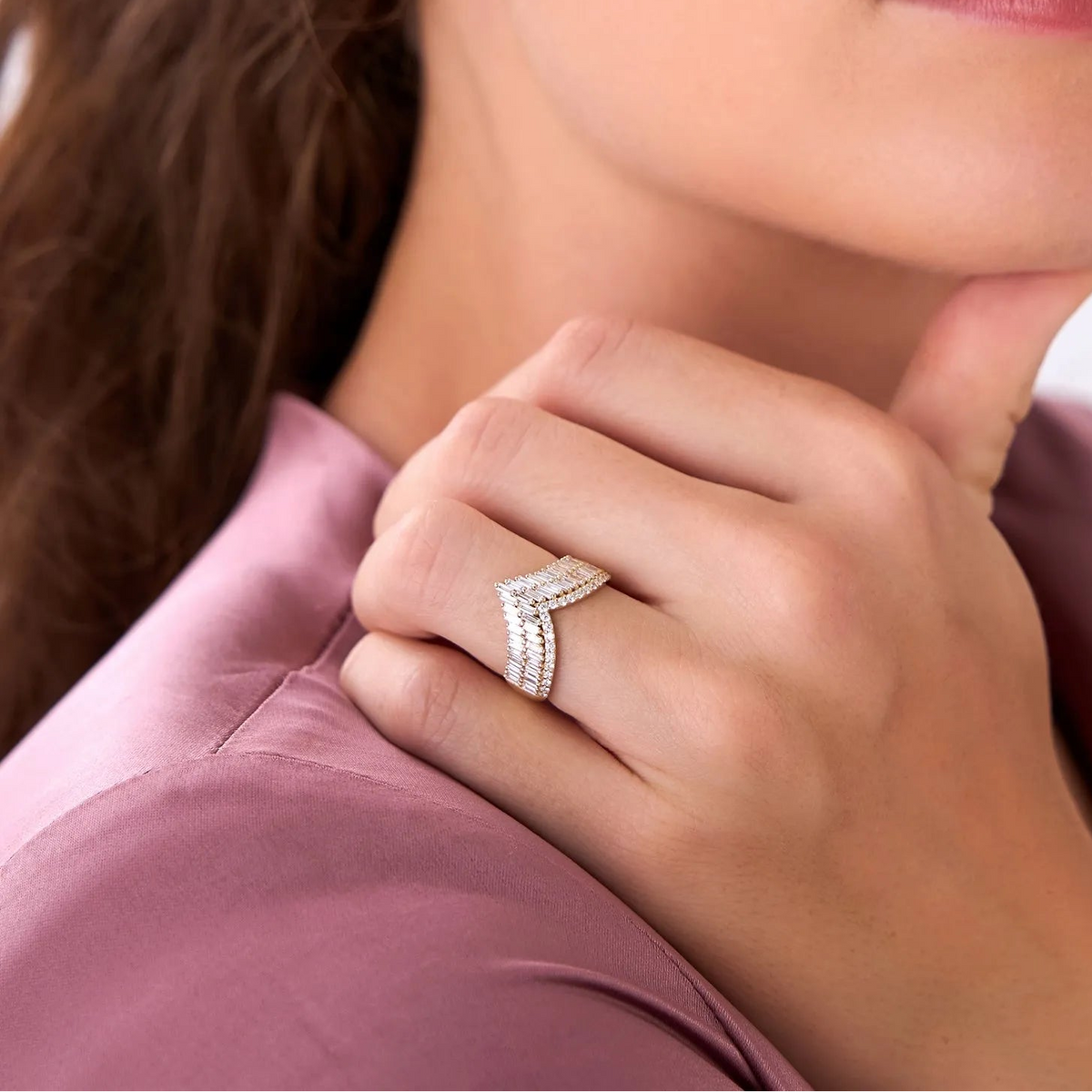 14k Solid Gold Baguette and Round Diamond 0.99 Carat Chevron Statement Ring