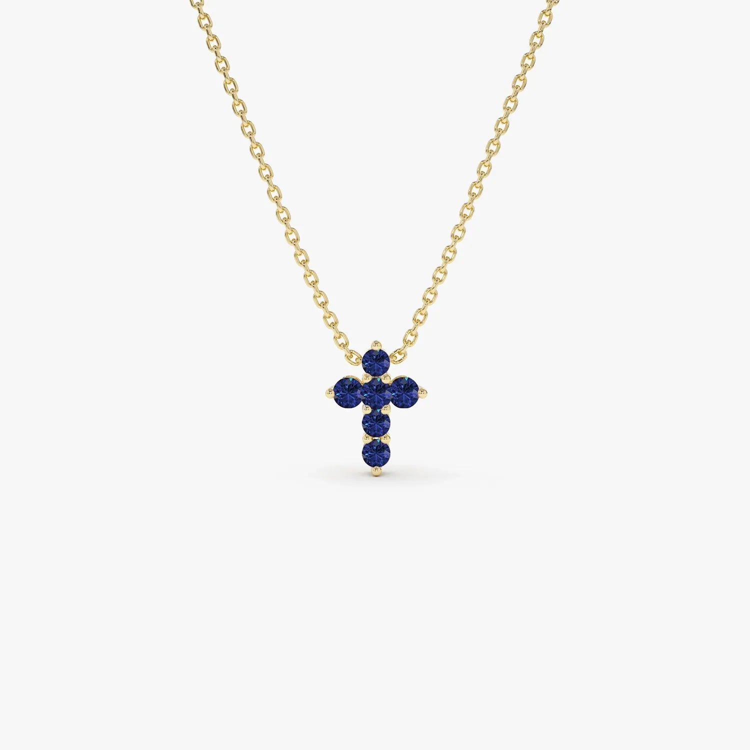 14k Solid Gold Round Sapphire Tiny Cross Pendant Necklace 0.20 Carat Prong Setting