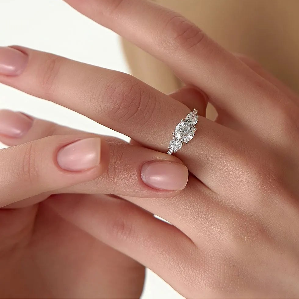14k Gold Lab Grown Diamond Round Engagement Ring 1.65 CTW Three Stone Pave Shank
