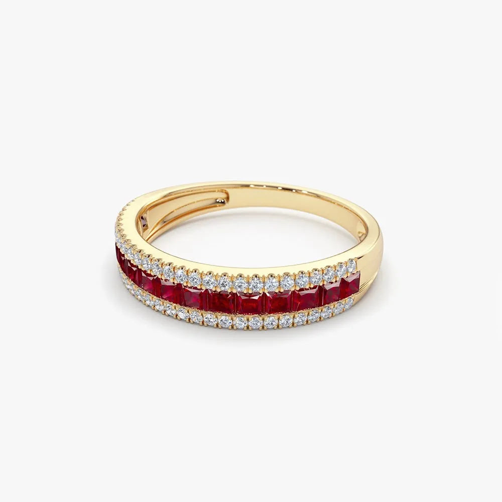 14k Solid Gold Ruby and Diamond Square and Round Cut Half Eternity Ring 1.05 ctw