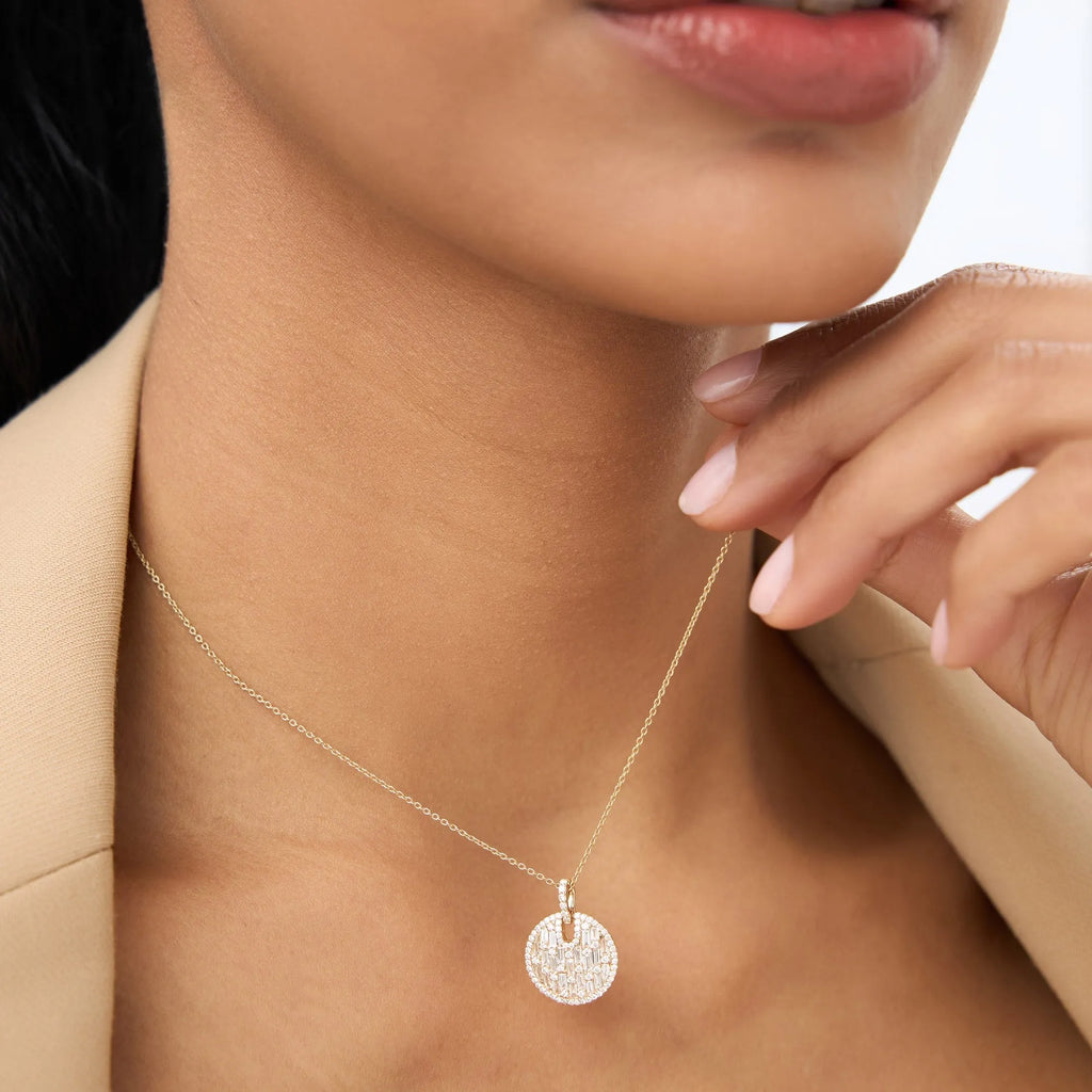 14K Solid Gold 0.80 CTW Baguette and Round Diamond Disc Necklace Prong Setting