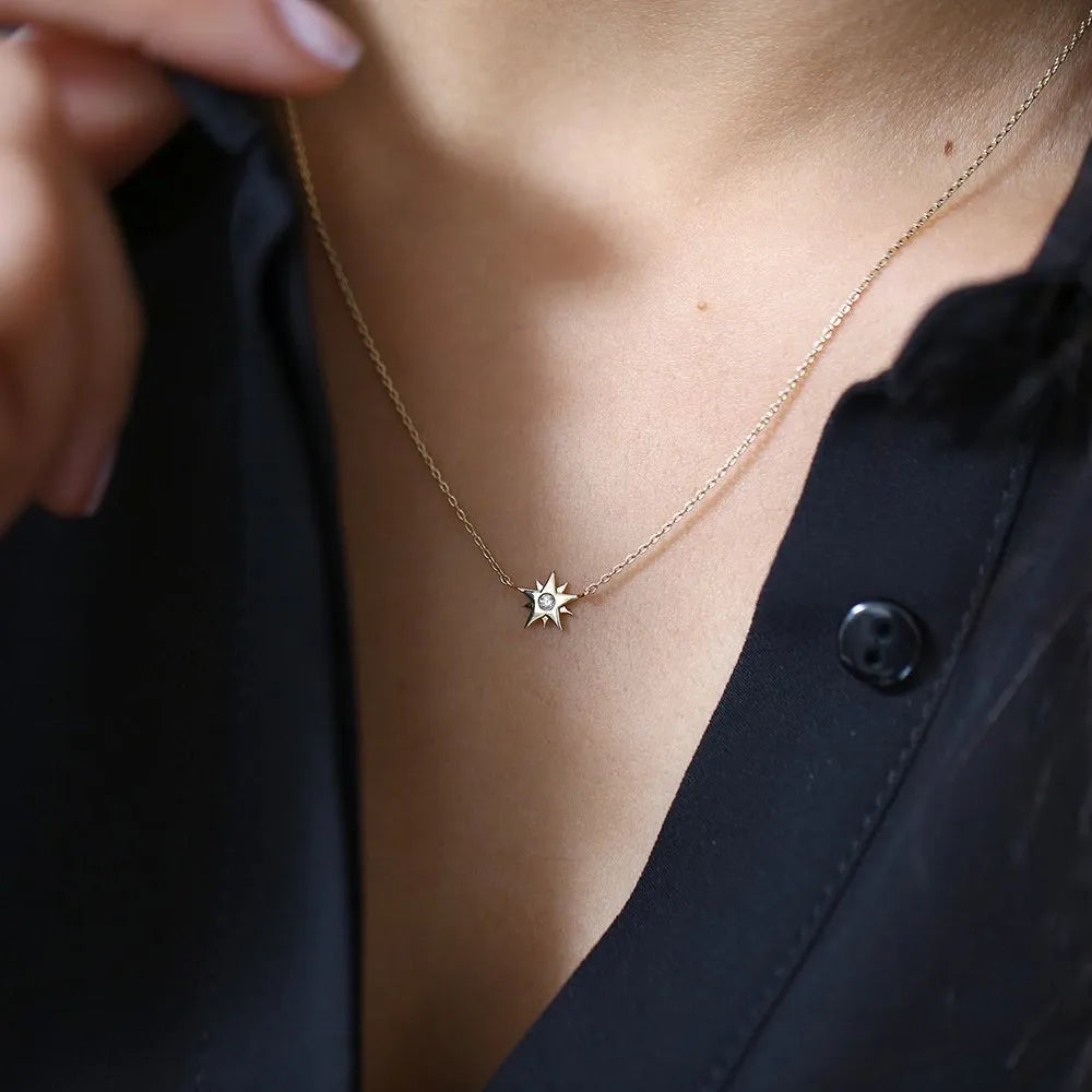 14K Solid Gold Round Diamond Star Pendant Necklace Burnish Setting 0.03ctw
