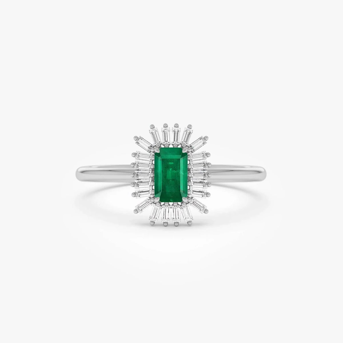 14K Gold Emerald Cut Octagon Emerald Baguette Diamond Halo Ring 0.47 CTW