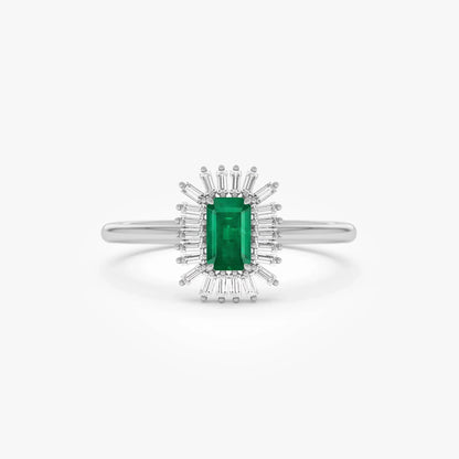 14K Gold Emerald Cut Octagon Emerald Baguette Diamond Halo Ring 0.47 CTW