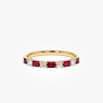 14k Gold Ruby and Diamond Baguette and Round Cut Prong Setting Ring 0.54 ctw