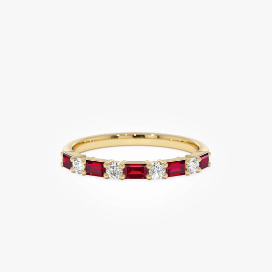 14k Gold Ruby and Diamond Baguette and Round Cut Prong Setting Ring 0.54 ctw