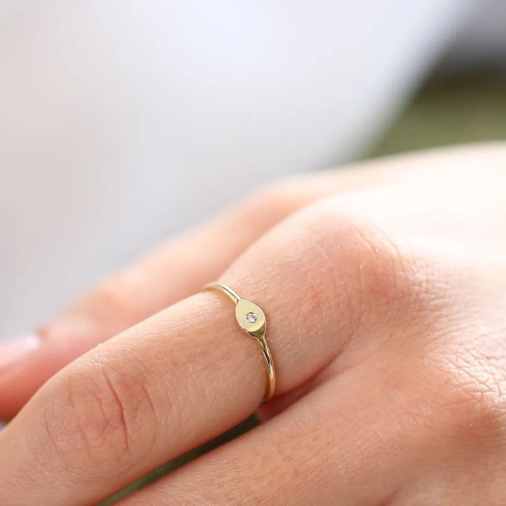 14K Solid Gold Round Diamond Evil Eye Ring Burnish Setting