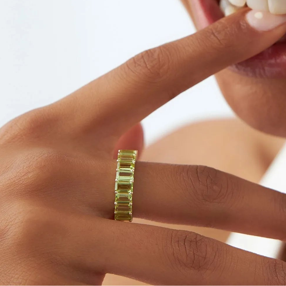 14K Solid Gold Emerald Cut Peridot 2.35 Carat Nine Stone Ring