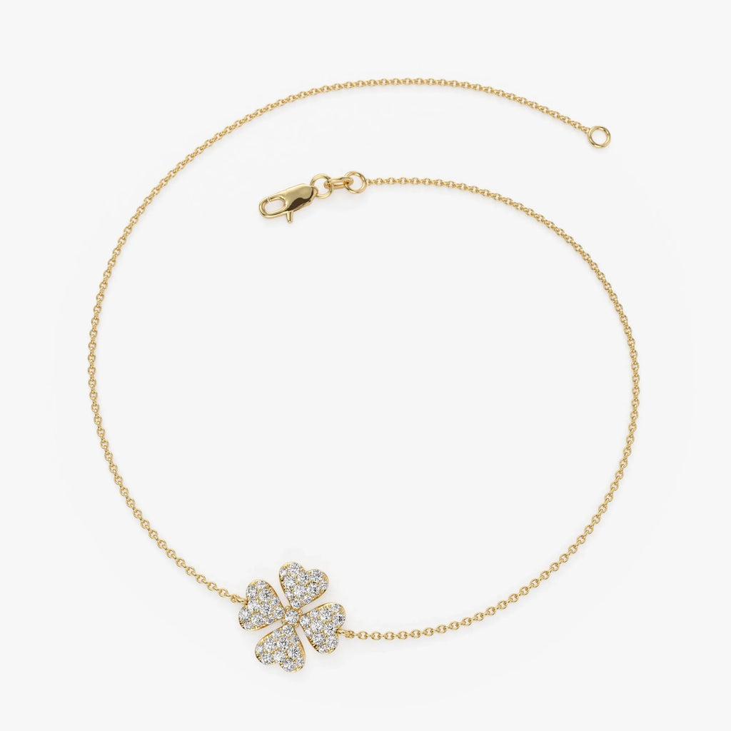 14K Solid Gold 0.25 CTW Round Diamond Clover Charm Bracelet