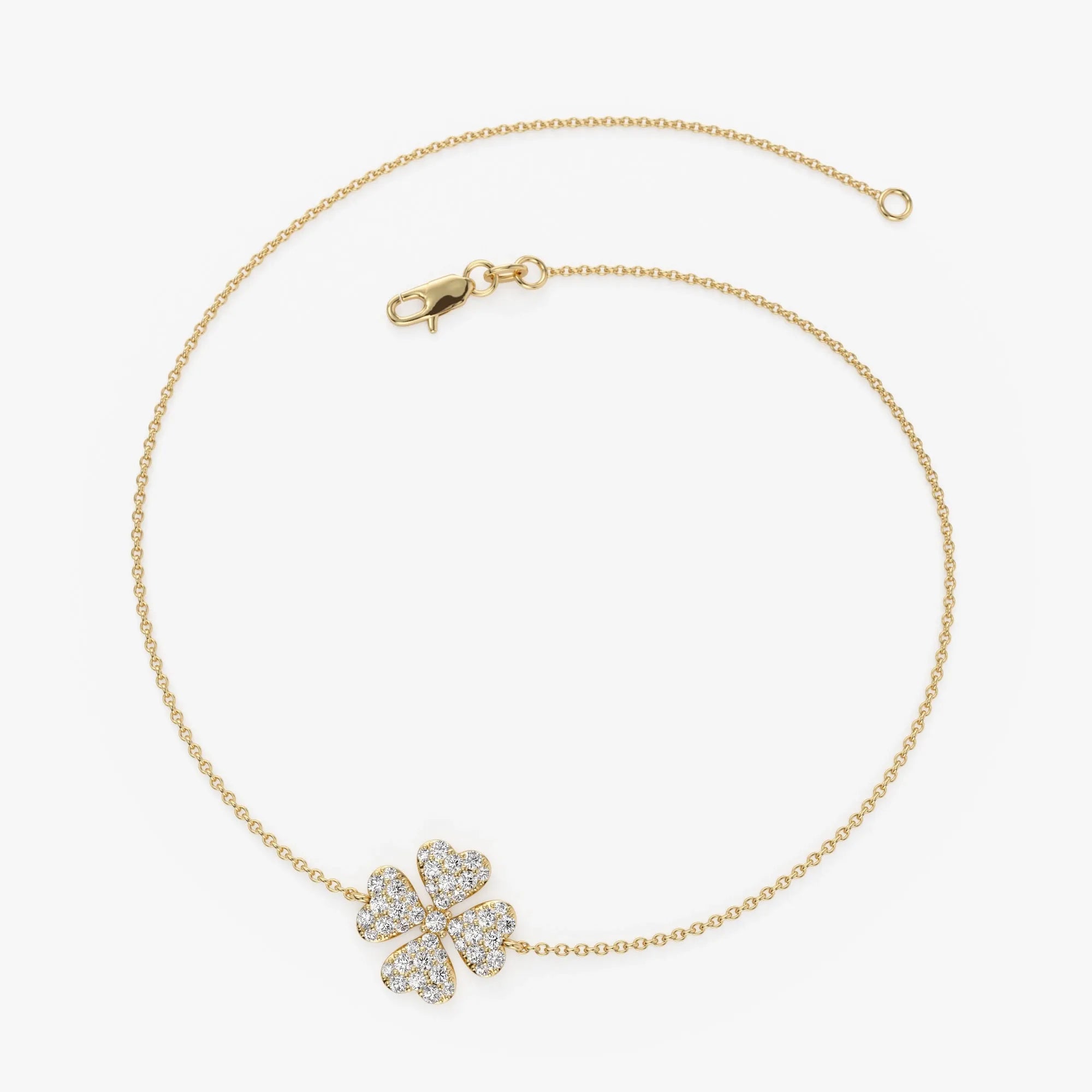 14K Solid Gold 0.25 CTW Round Diamond Clover Charm Bracelet