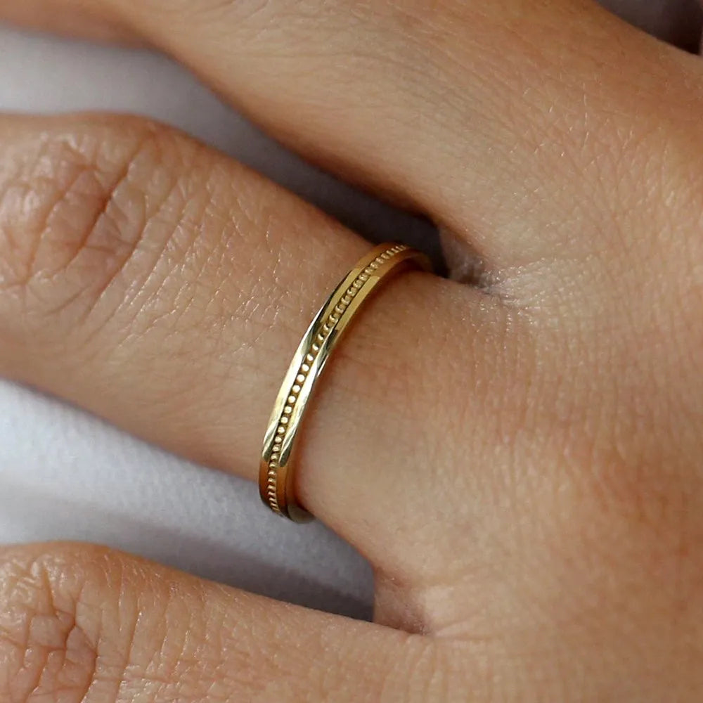 14K Solid Gold 2mm Beaded Stacking Wedding Band Ring