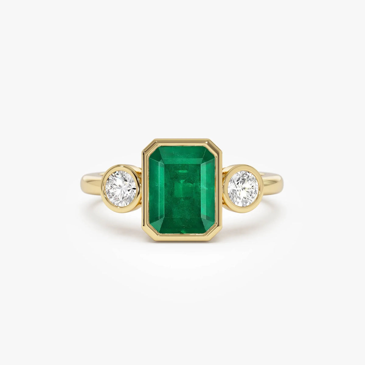 14K Solid Gold Emerald Cut Emerald Round Diamond Three Stone Bezel Set Ring 1.89 CTW