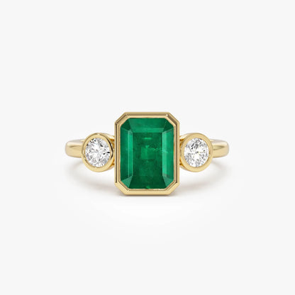 14K Solid Gold Emerald Cut Emerald Round Diamond Three Stone Bezel Set Ring 1.89 CTW