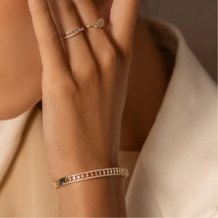 14K Solid Gold 1.33 CTW Baguette and Round Diamond Bangle